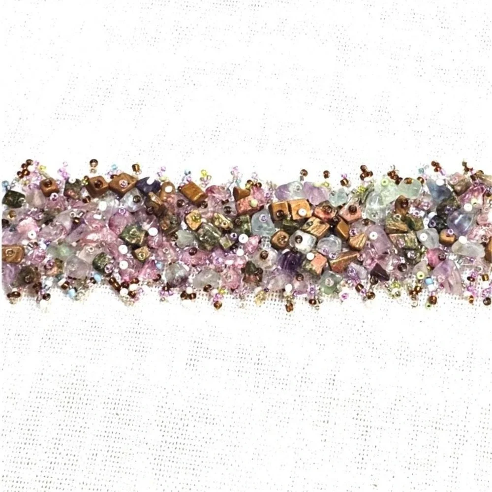 Boho Mixed Gemstone Chip Cluster Cuff Bracelet Amethyst Fluorite Wood Beaded